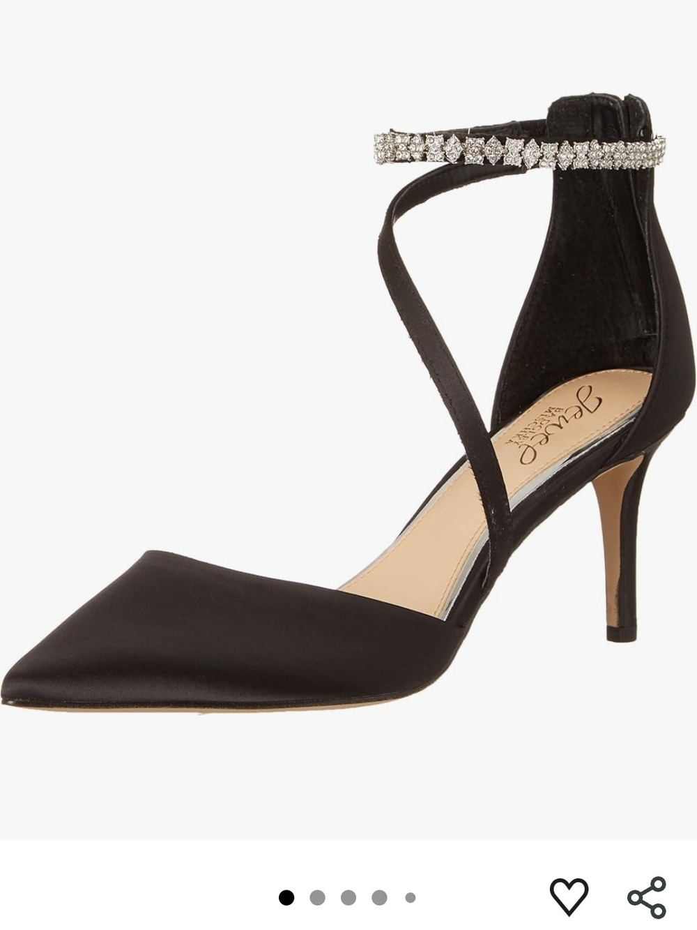 NEW Jewel Badgley Mischka Black Satin Pointed Toe Crystal Ankle-Strap Heels